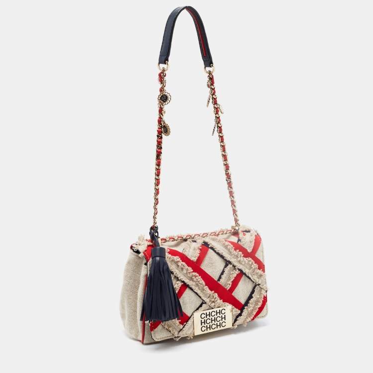 Pre Owned CH Carolina Herrera Beige/Red Tweed and Fabric Embellished Shoulder Bag