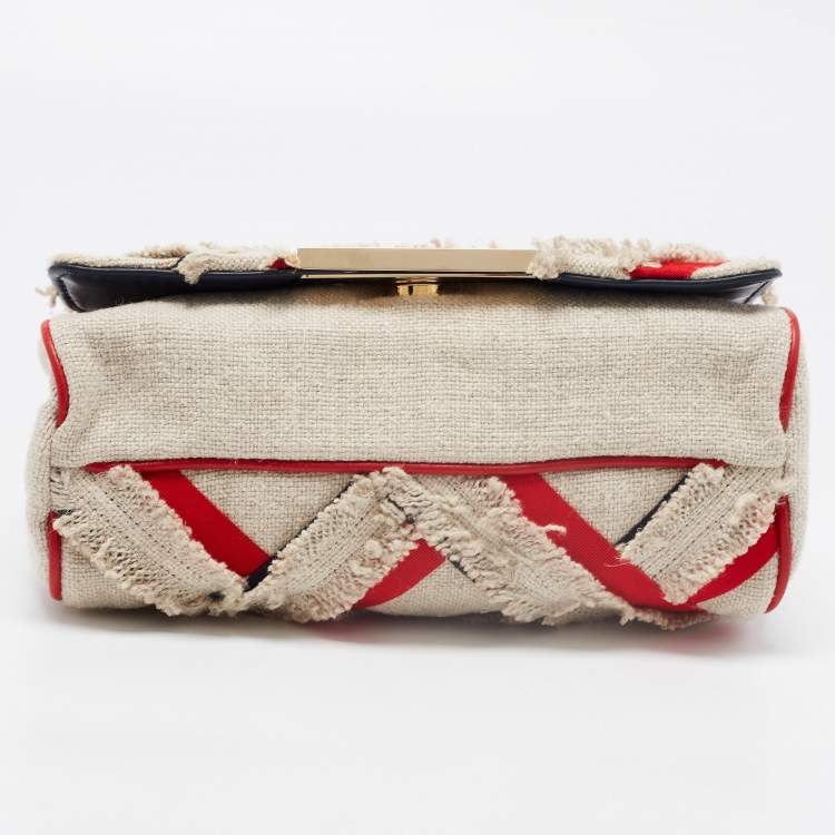 Pre Owned CH Carolina Herrera Beige/Red Tweed and Fabric Embellished Shoulder Bag