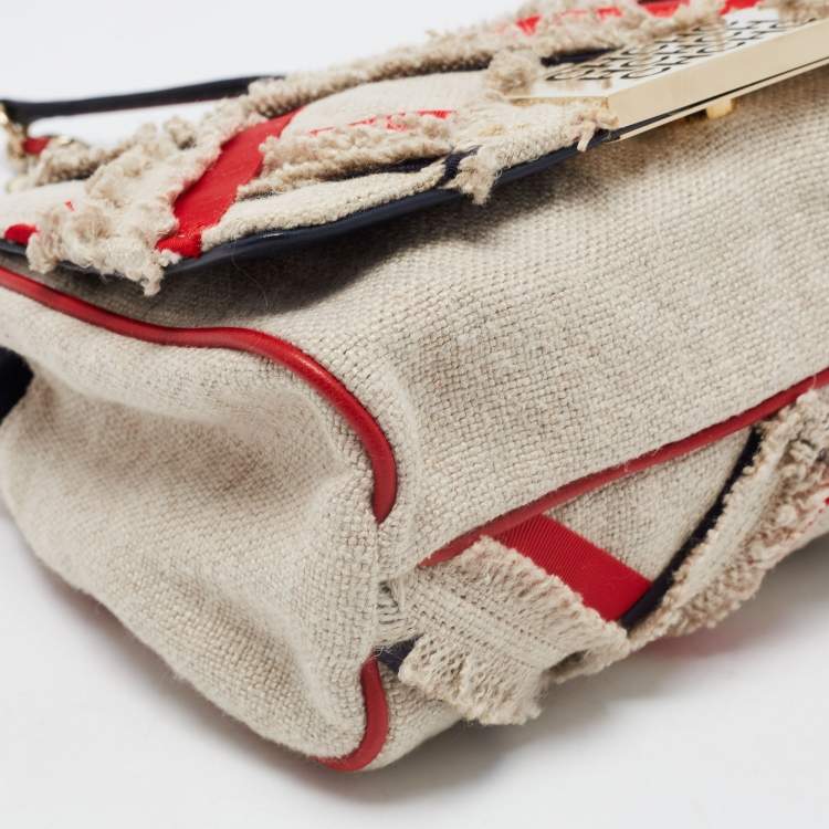 Pre Owned CH Carolina Herrera Beige/Red Tweed and Fabric Embellished Shoulder Bag