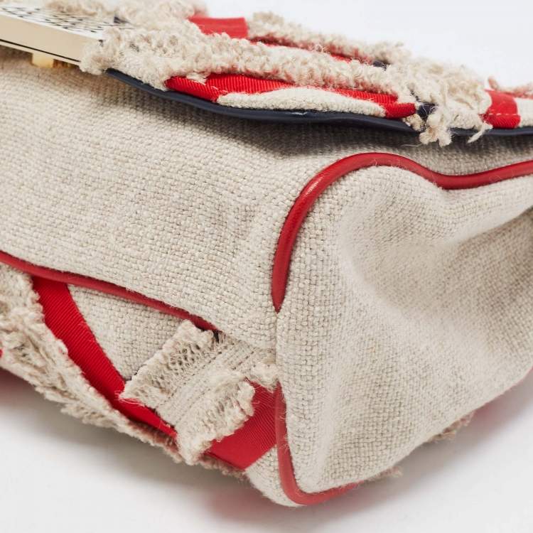 Pre Owned CH Carolina Herrera Beige/Red Tweed and Fabric Embellished Shoulder Bag