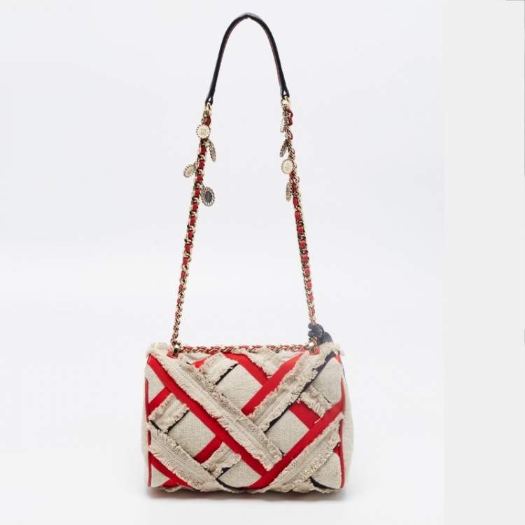 Pre Owned CH Carolina Herrera Beige/Red Tweed and Fabric Embellished Shoulder Bag
