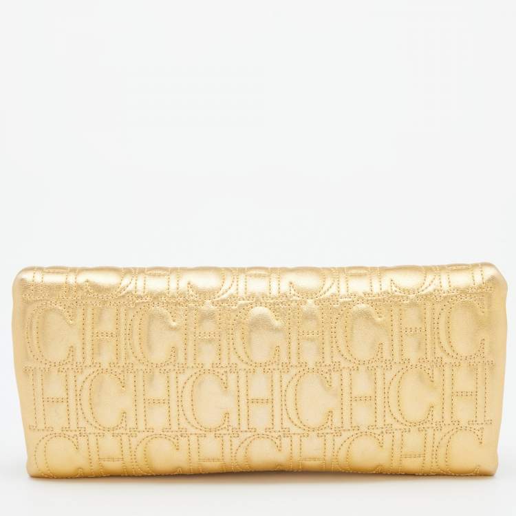 Pre Owned CH Carolina Herrera Gold Monogram Leather Jerry Chain Clutch 