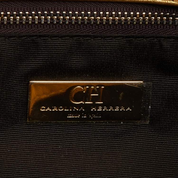 Pre Owned CH Carolina Herrera Gold Monogram Leather Jerry Chain Clutch 
