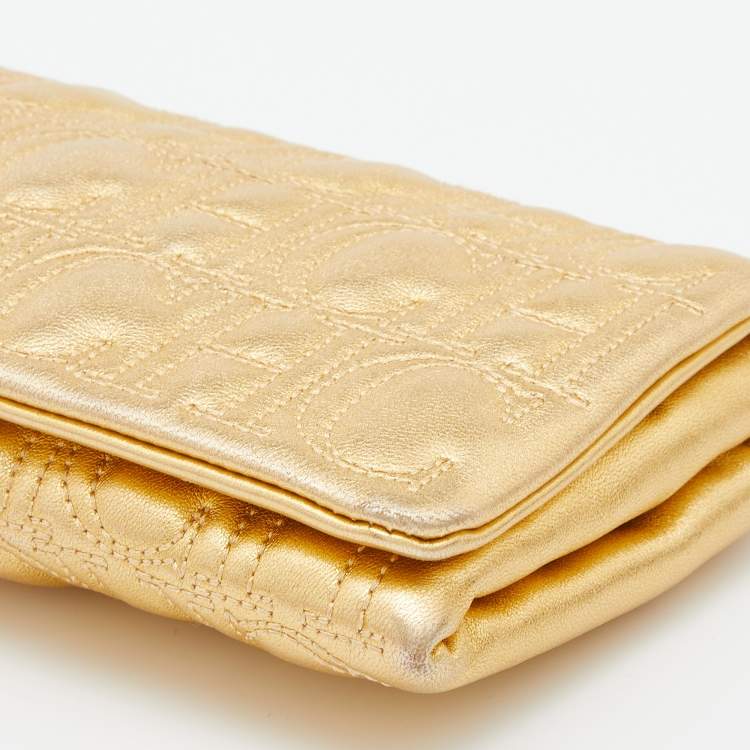 Pre Owned CH Carolina Herrera Gold Monogram Leather Jerry Chain Clutch 