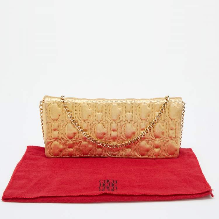 Pre Owned CH Carolina Herrera Gold Monogram Leather Jerry Chain Clutch 