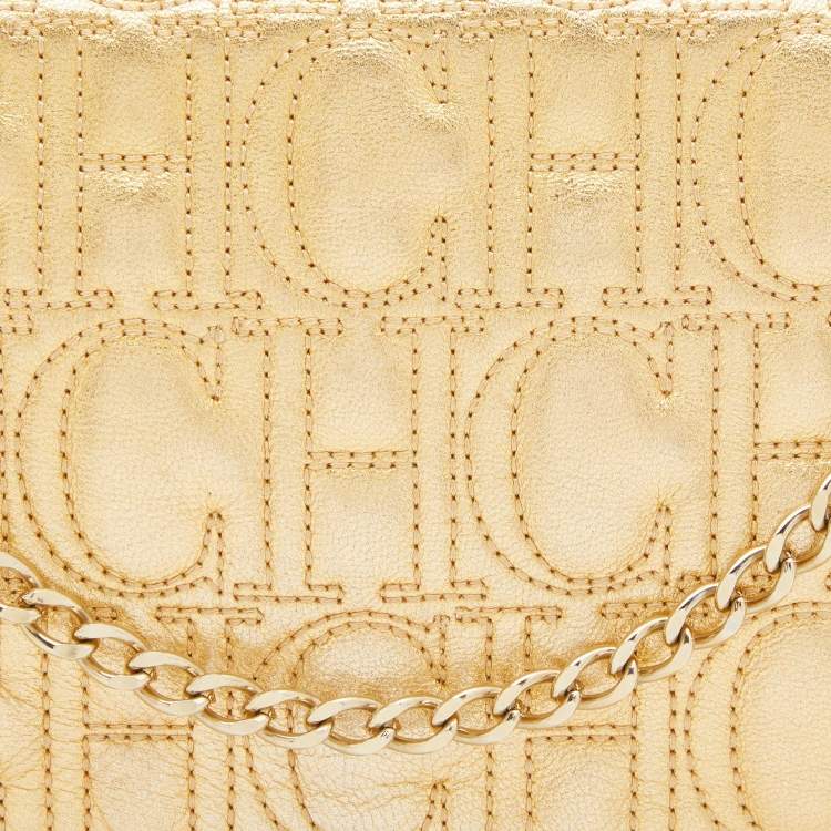 Pre Owned CH Carolina Herrera Gold Monogram Leather Jerry Chain Clutch 