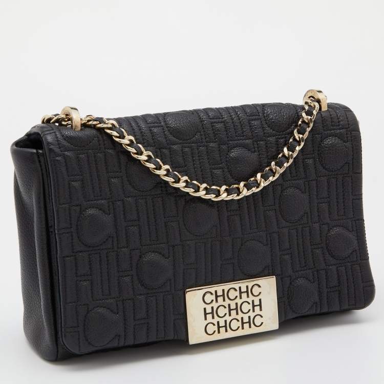 Pre Owned CH Carolina Herrera Black CH Embossed Leather Flap Chain Shoulder Bag