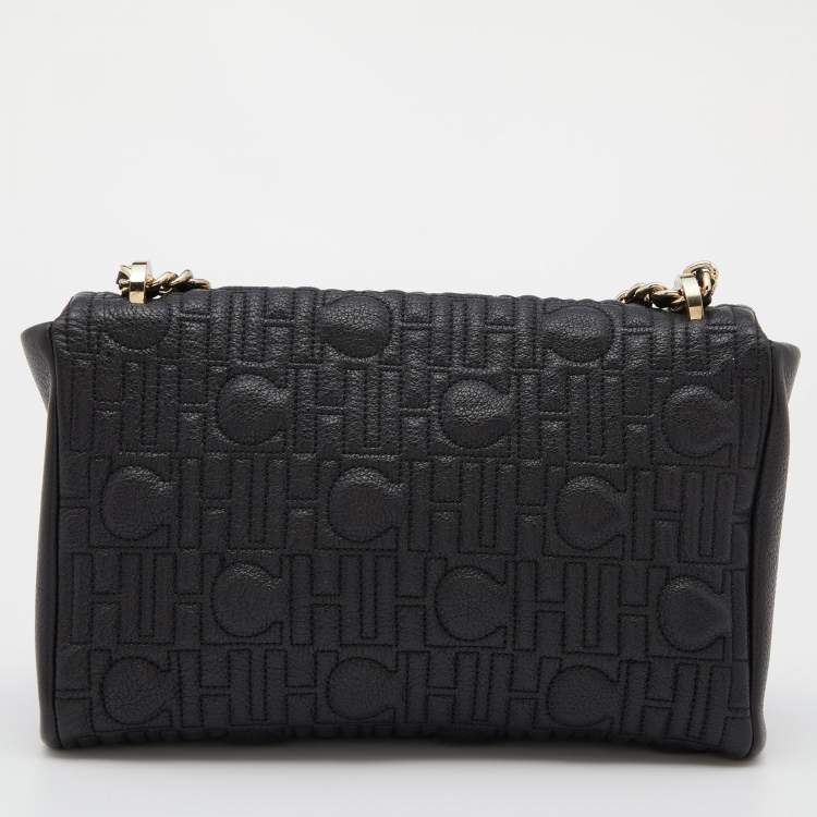 Pre Owned CH Carolina Herrera Black CH Embossed Leather Flap Chain Shoulder Bag