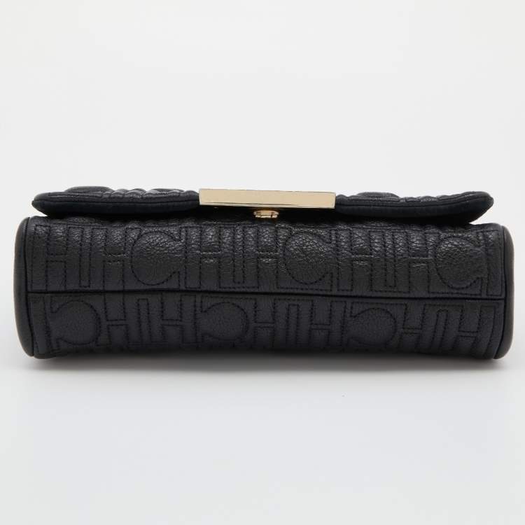 Pre Owned CH Carolina Herrera Black CH Embossed Leather Flap Chain Shoulder Bag
