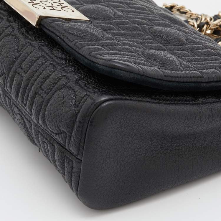 Pre Owned CH Carolina Herrera Black CH Embossed Leather Flap Chain Shoulder Bag