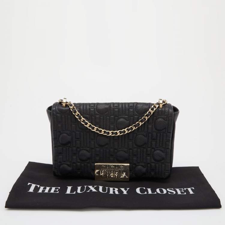 Pre Owned CH Carolina Herrera Black CH Embossed Leather Flap Chain Shoulder Bag