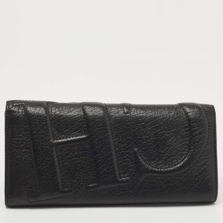 Pre Owned CH Carolina Herrera Black Embossed Leather Flap Continental Wallet