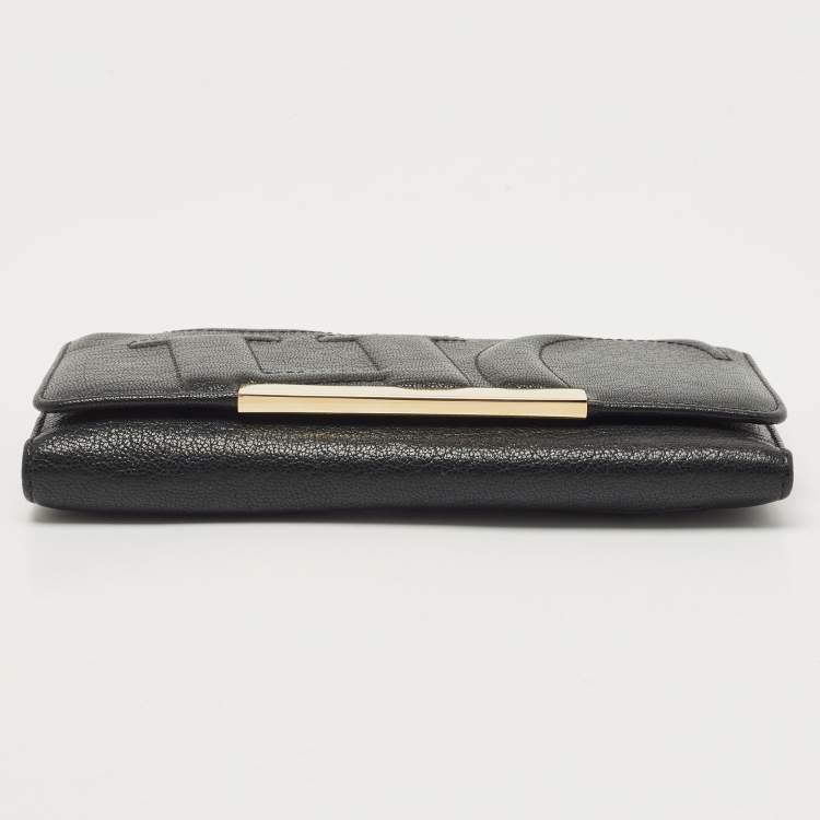 Pre Owned CH Carolina Herrera Black Embossed Leather Flap Continental Wallet