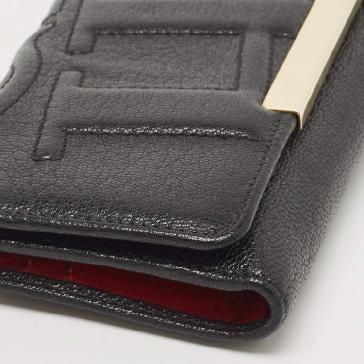 Pre Owned CH Carolina Herrera Black Embossed Leather Flap Continental Wallet