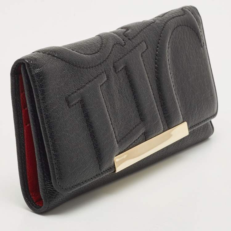 Pre Owned CH Carolina Herrera Black Embossed Leather Flap Continental Wallet