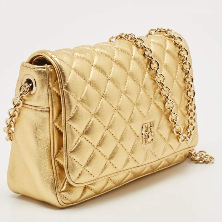Pre Owned CH Carolina Herrera Gold Quilted Leather Chain Flap Shoulder Bag
