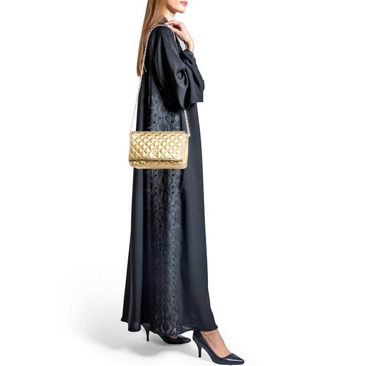 Pre Owned CH Carolina Herrera Gold Quilted Leather Chain Flap Shoulder Bag