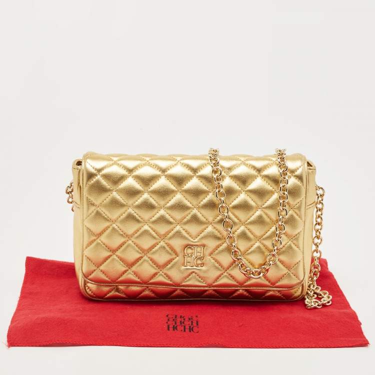 Pre Owned CH Carolina Herrera Gold Quilted Leather Chain Flap Shoulder Bag