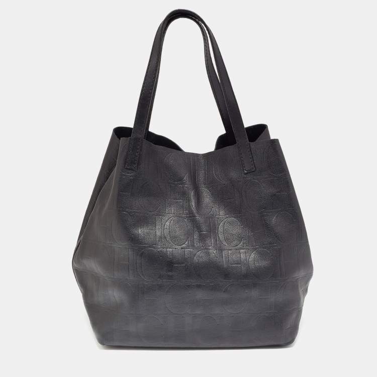 Pre Owned CH Carolina Herrera Black Monogram Leather Matryoshka Tote