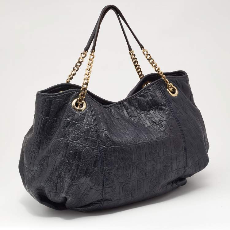 Pre Owned CH Carolina Herrera Blue Monogram Leather Poppy Hobo
