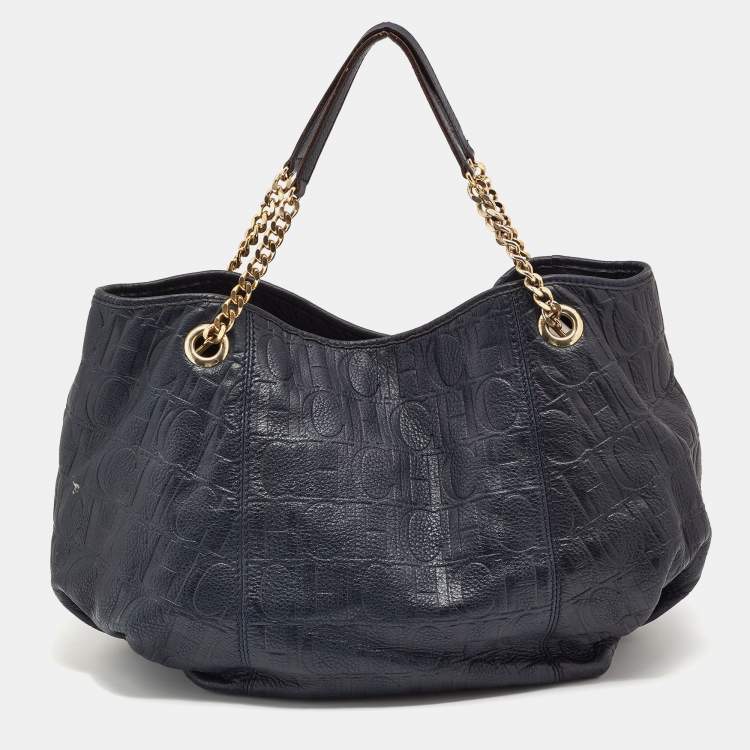 Pre Owned CH Carolina Herrera Blue Monogram Leather Poppy Hobo
