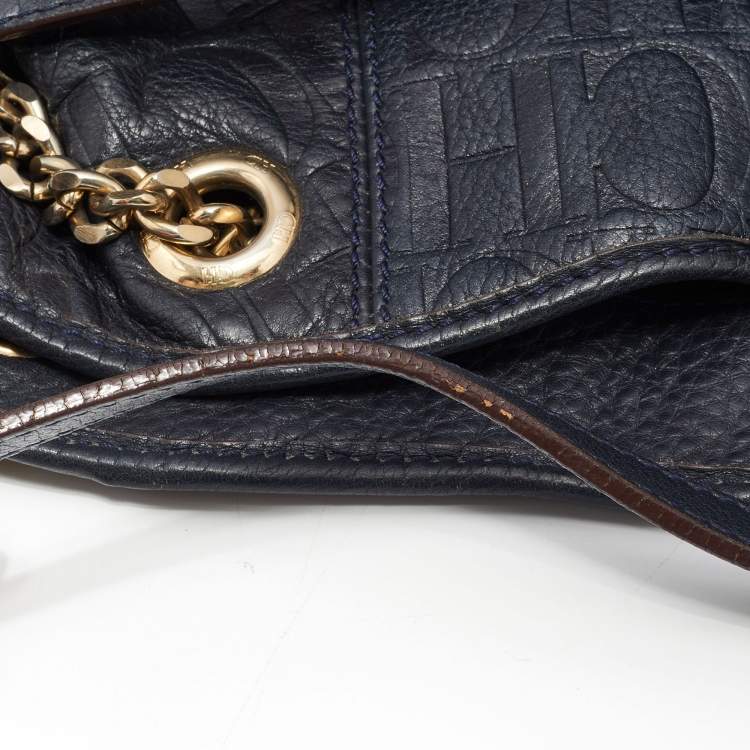 Pre Owned CH Carolina Herrera Blue Monogram Leather Poppy Hobo