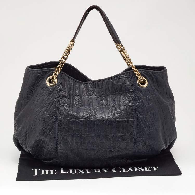 Pre Owned CH Carolina Herrera Blue Monogram Leather Poppy Hobo