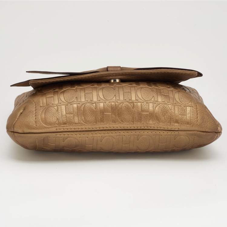 Pre Owned CH Carolina Herrera Metallic Brown Monogram Embossed Leather Audrey Shoulder Bag