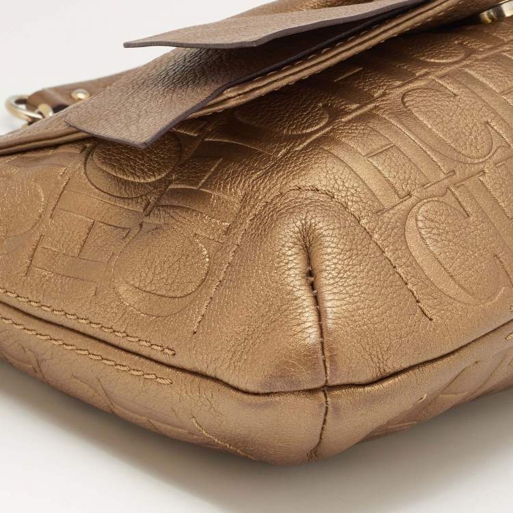 Pre Owned CH Carolina Herrera Metallic Brown Monogram Embossed Leather Audrey Shoulder Bag