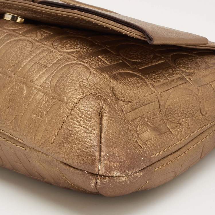 Pre Owned CH Carolina Herrera Metallic Brown Monogram Embossed Leather Audrey Shoulder Bag