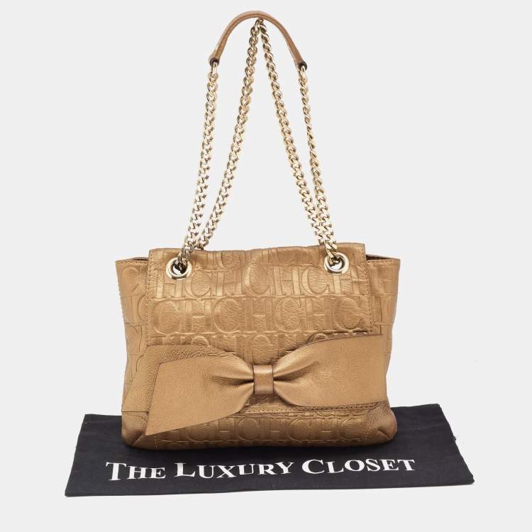 Pre Owned CH Carolina Herrera Metallic Brown Monogram Embossed Leather Audrey Shoulder Bag