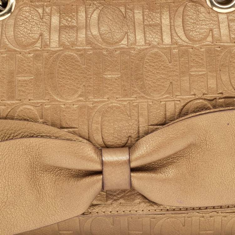 Pre Owned CH Carolina Herrera Metallic Brown Monogram Embossed Leather Audrey Shoulder Bag