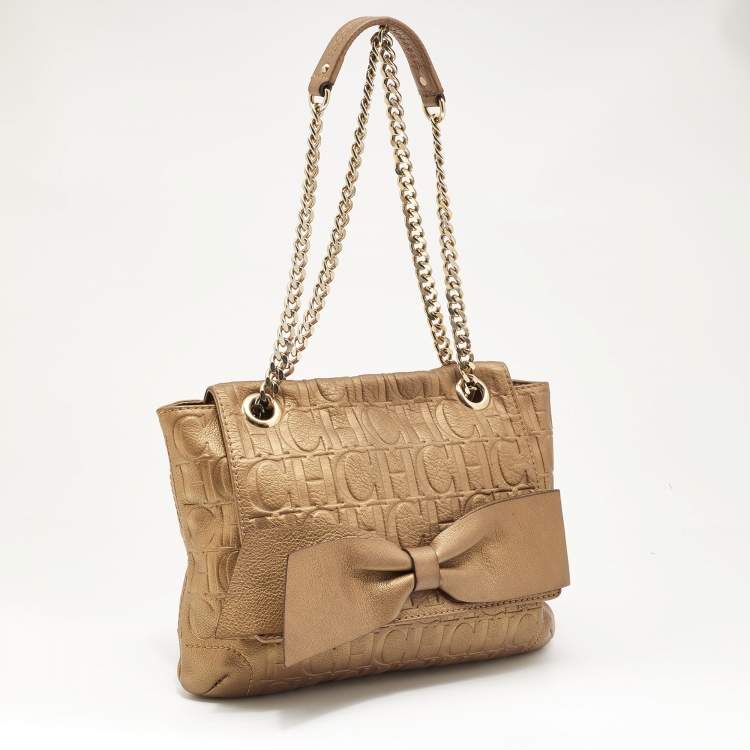 Pre Owned CH Carolina Herrera Metallic Brown Monogram Embossed Leather Audrey Shoulder Bag