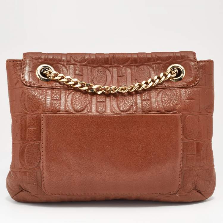 Pre Owned CH Carolina Herrera Brown Monogram Leather Audrey Shoulder Bag