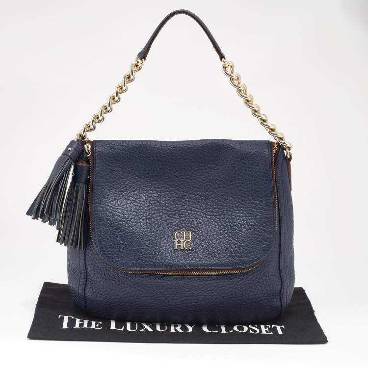 Pre Owned CH Carolina Herrera Navy Blue Leather Tassel Hobo