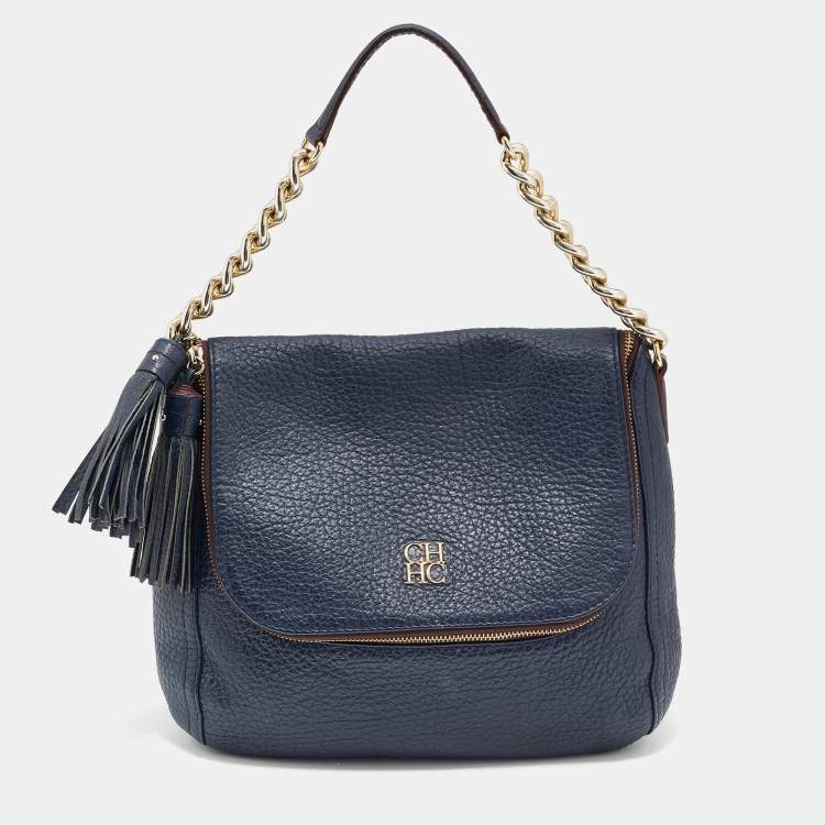 Pre Owned CH Carolina Herrera Navy Blue Leather Tassel Hobo