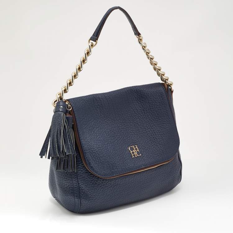 Pre Owned CH Carolina Herrera Navy Blue Leather Tassel Hobo