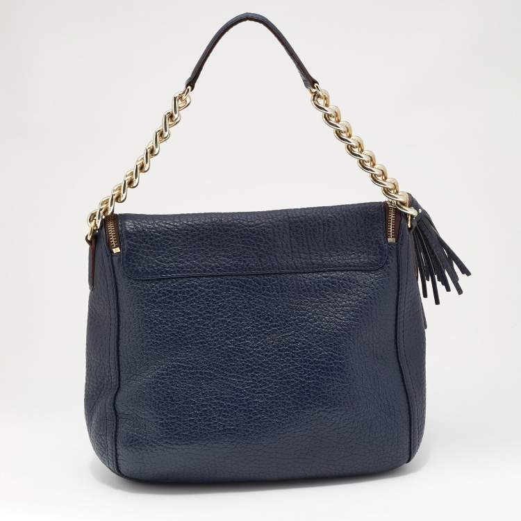 Pre Owned CH Carolina Herrera Navy Blue Leather Tassel Hobo