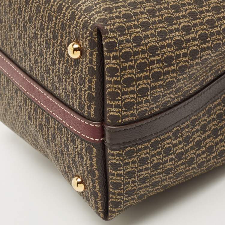 Pre Owned Carolina Herrera Dark Brown Monogram Coated Canvas and Leather Small Matryoshka Locked Tote