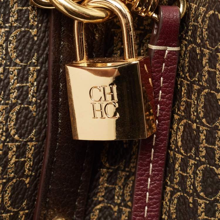 Pre Owned Carolina Herrera Dark Brown Monogram Coated Canvas and Leather Small Matryoshka Locked Tote