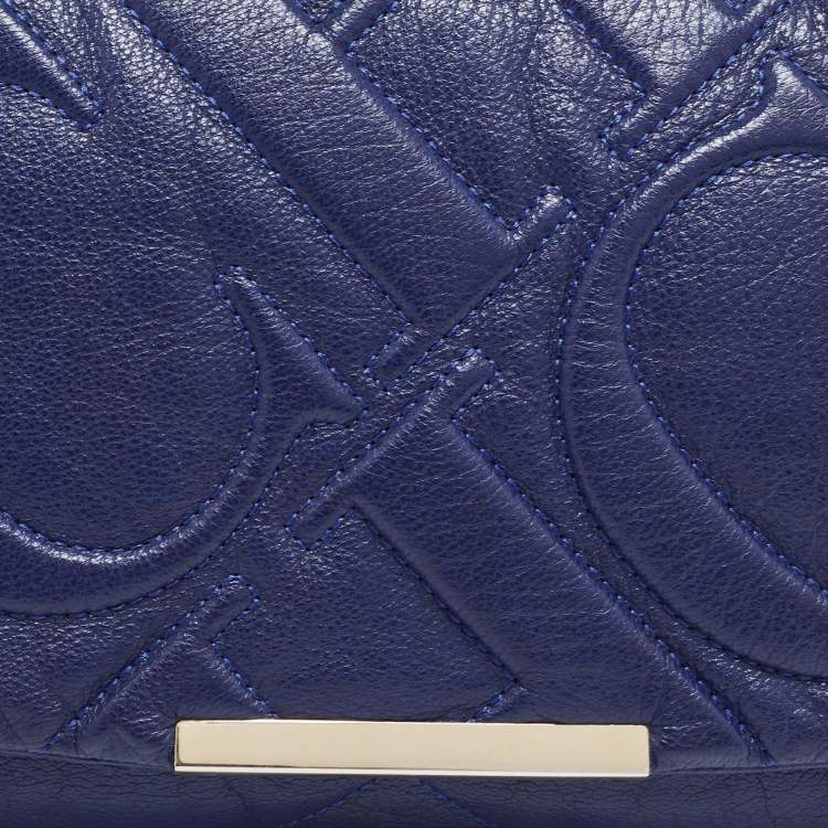 Pre Owned Carolina Herrera Blue Logo Embossed Leather Metal Flap Shoulder Bag