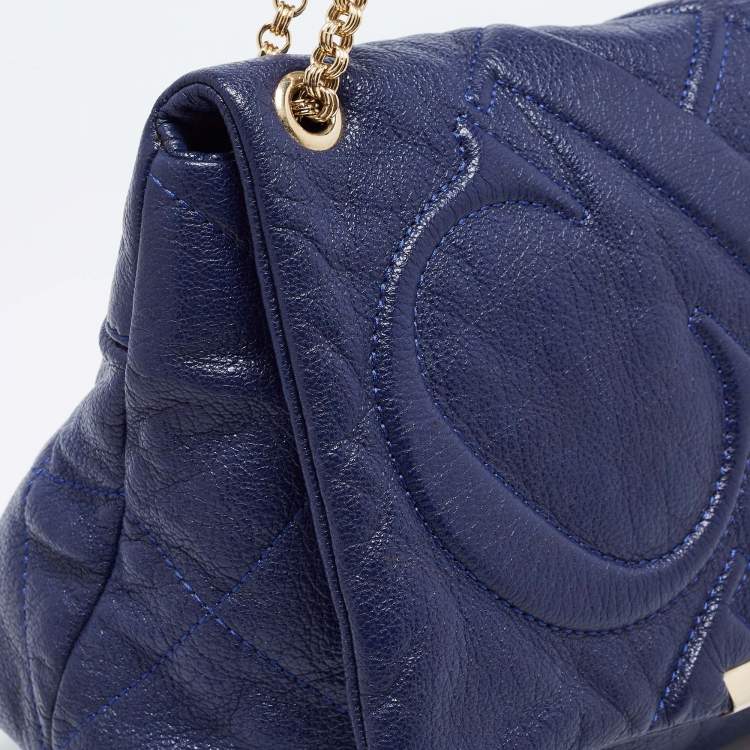 Pre Owned Carolina Herrera Blue Logo Embossed Leather Metal Flap Shoulder Bag