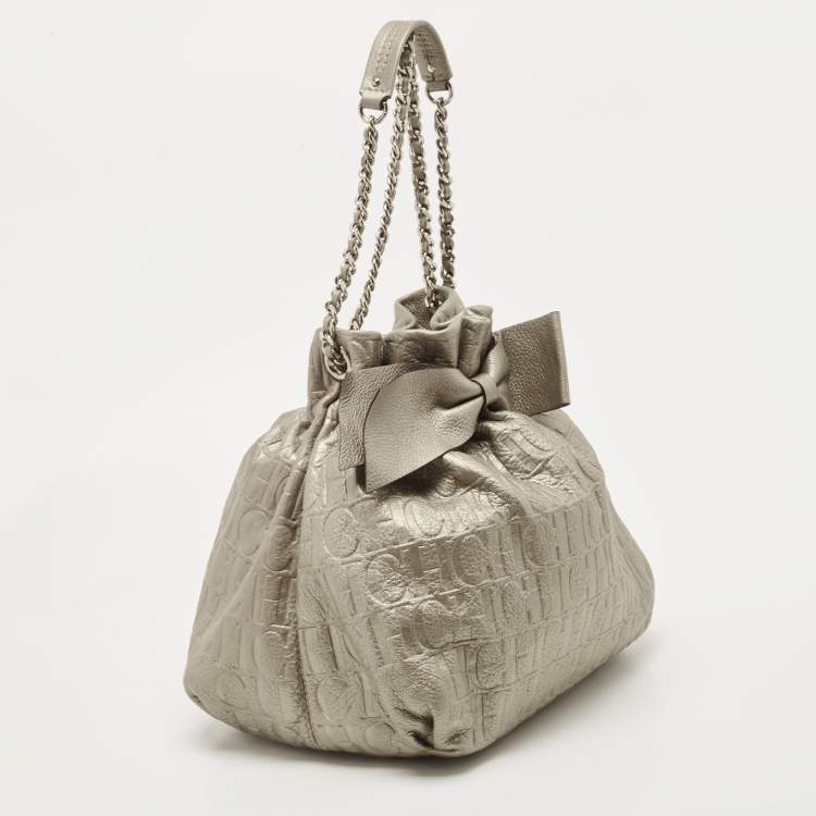 Pre Owned CH Carolina Herrera Silver Embossed Leather Bow Bucket Bag