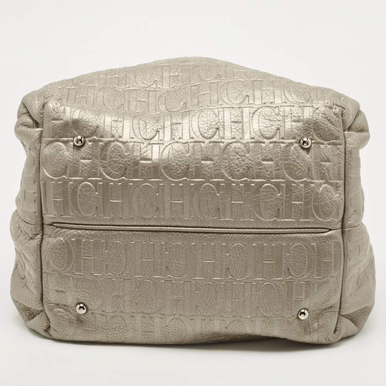 Pre Owned CH Carolina Herrera Silver Embossed Leather Bow Bucket Bag