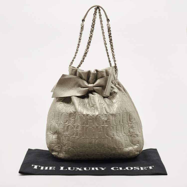 Pre Owned CH Carolina Herrera Silver Embossed Leather Bow Bucket Bag