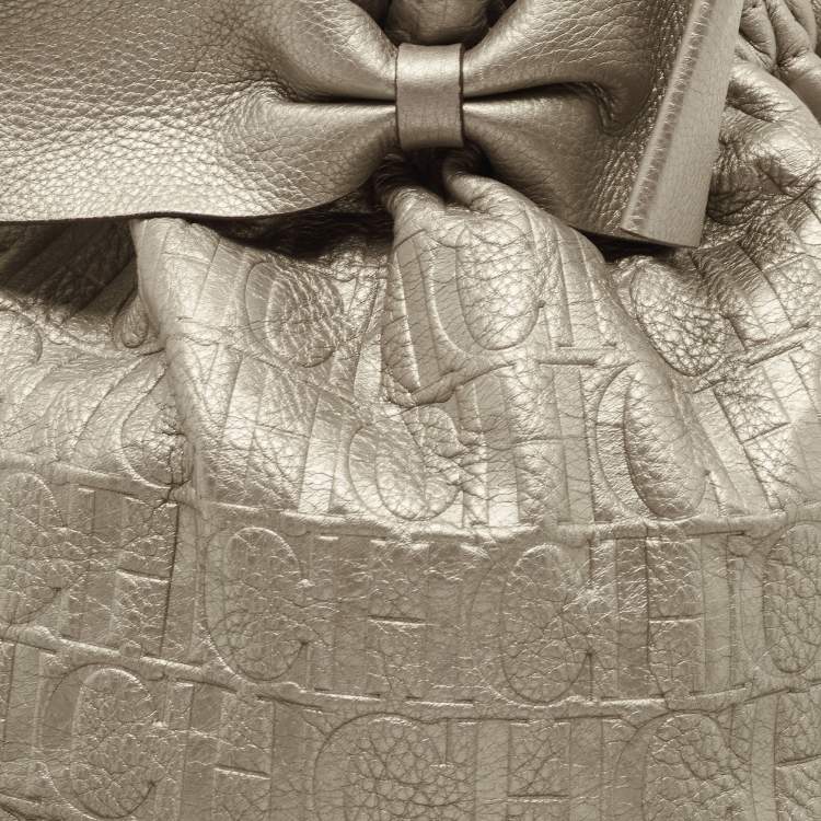 Pre Owned CH Carolina Herrera Silver Embossed Leather Bow Bucket Bag