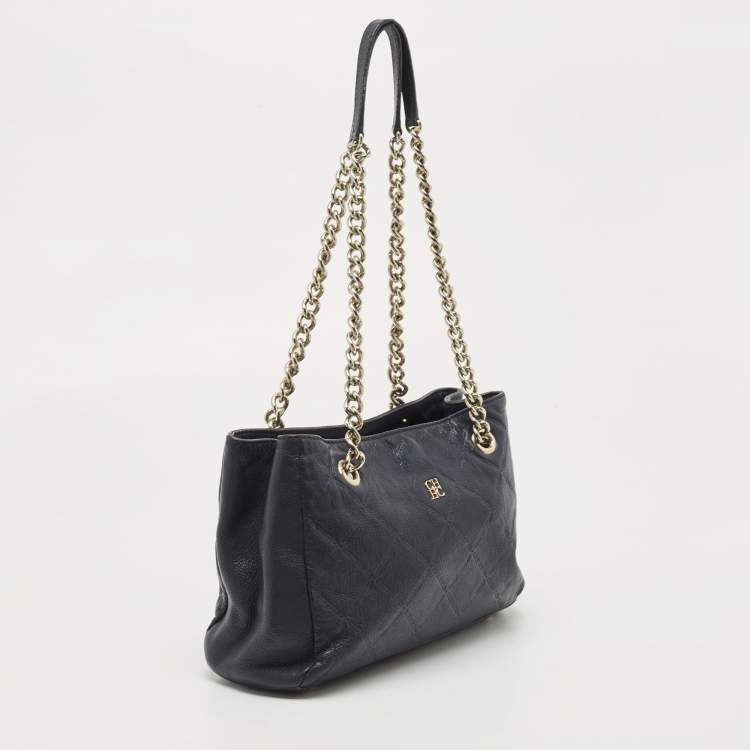 Pre Owned CH Carolina Herrera Navy Blue Diamond Embossed Leather Chain Shoulder Bag