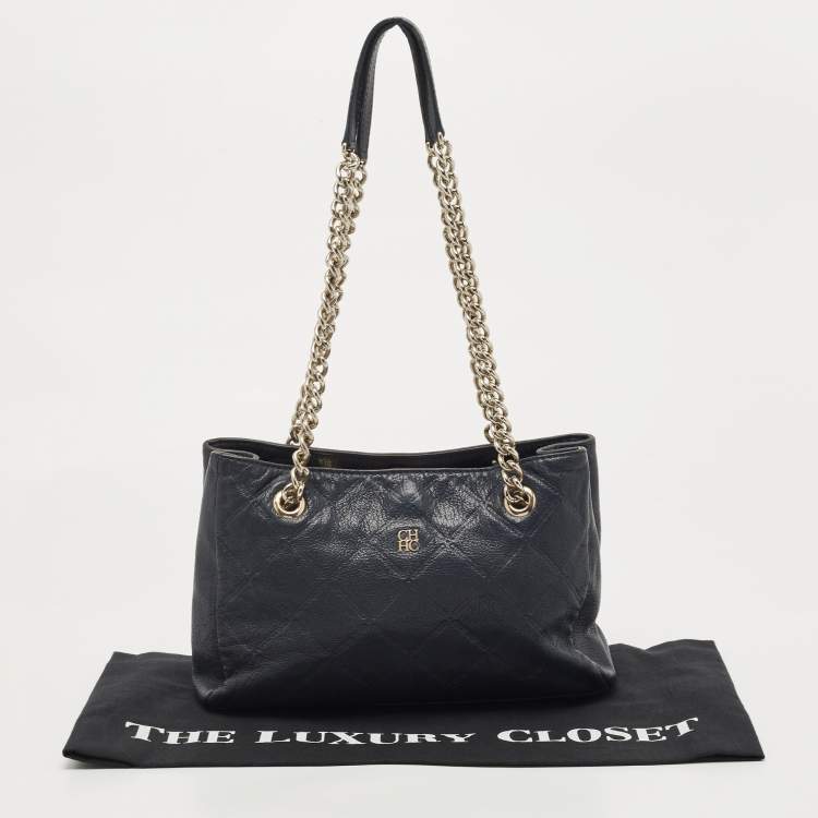 Pre Owned CH Carolina Herrera Navy Blue Diamond Embossed Leather Chain Shoulder Bag