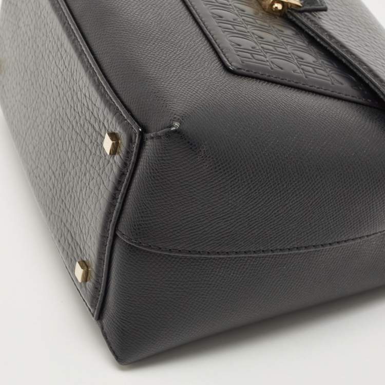 Pre Owned CH Carolina Herrera Black Monogram Embossed Leather Push Lock Flap Top Handle Bag