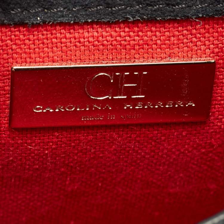 Pre Owned CH Carolina Herrera Black Monogram Embossed Leather Push Lock Flap Top Handle Bag